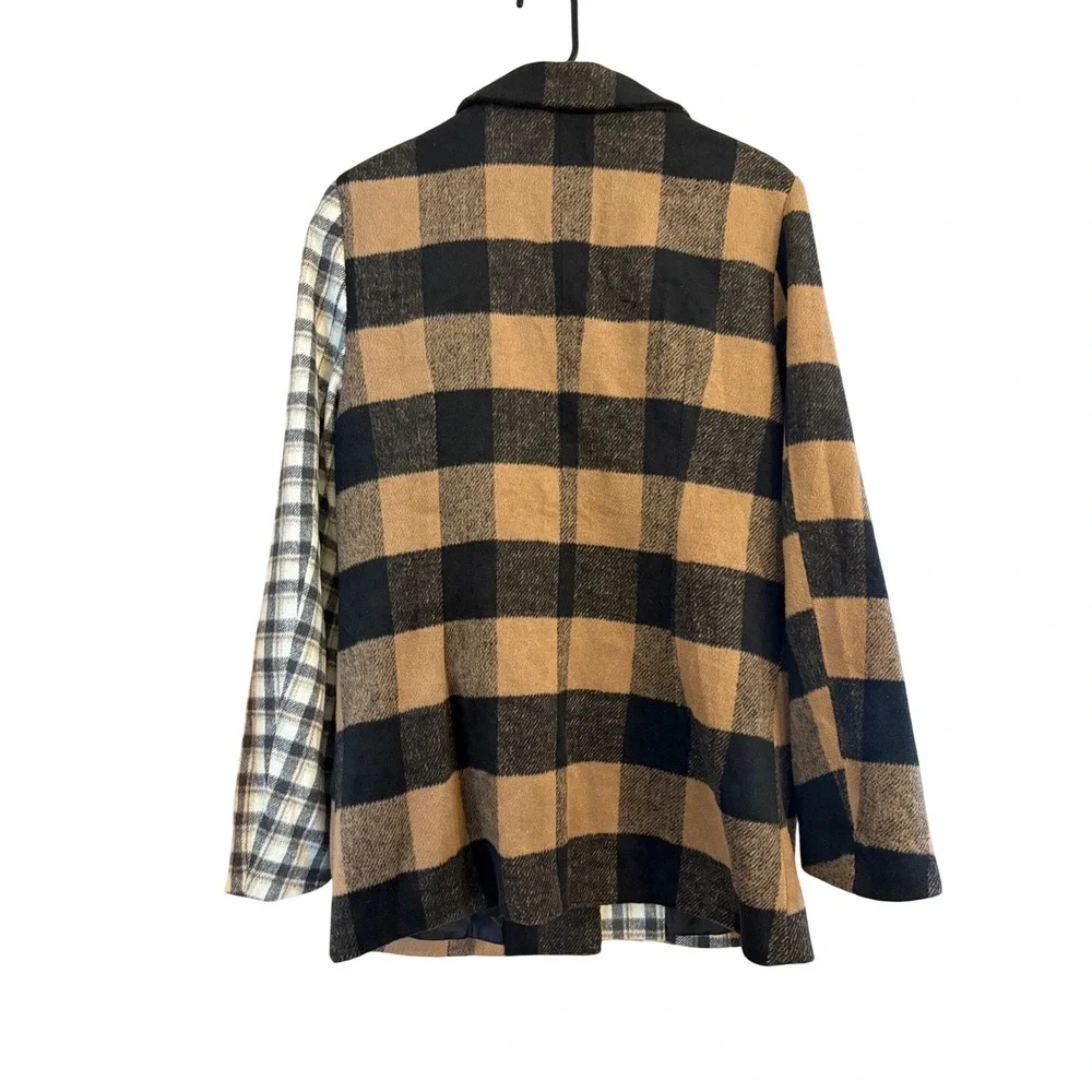 BIBI Mixed Plaid Colorblock Blazer Coat Brown Black Tan Buffalo Check Large